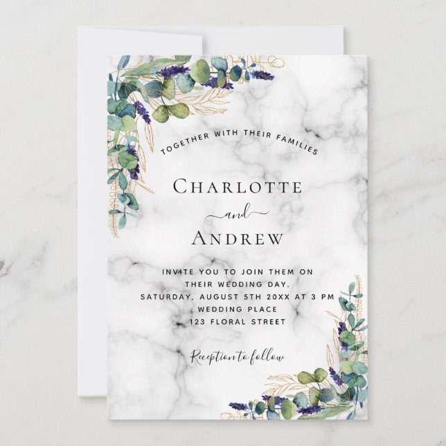 Eucalyptus greenery marble wedding invitation (Front)