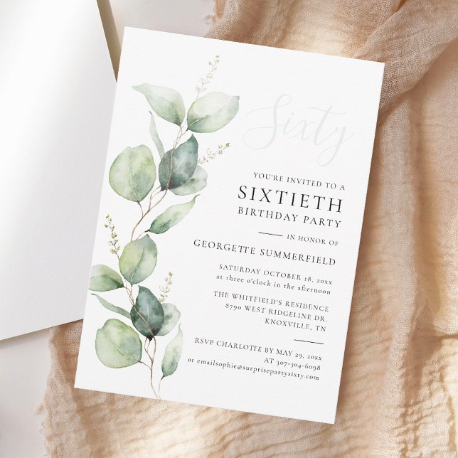 Eucalyptus Greenery Minimalist 60th Birthday Invitation (Eucalyptus Minimalist Modern 60th Birthday Party Invitation)