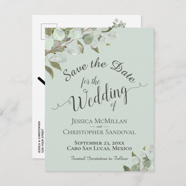 Eucalyptus & Greenery Mint Wedding Save the Date Announcement Postcard (Front/Back)
