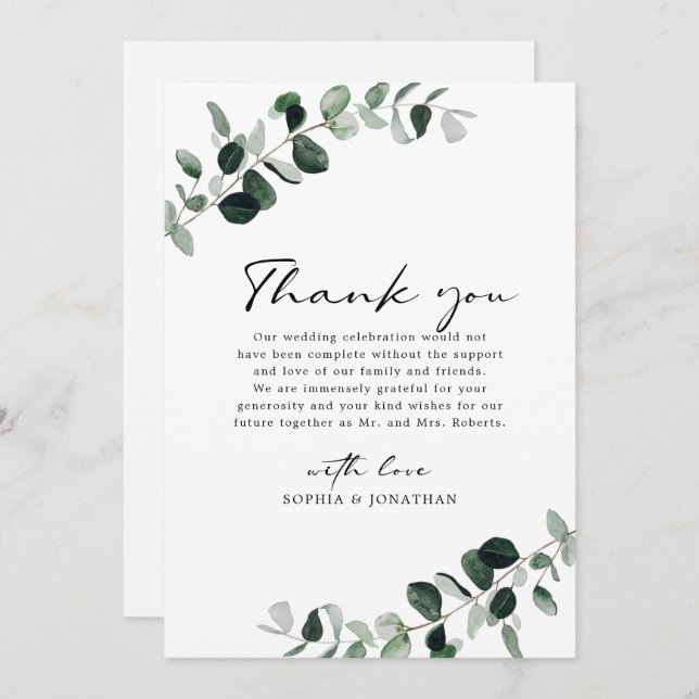 Eucalyptus Greenery Modern Calligraphy Wedding Thank You Card (Front/Back)