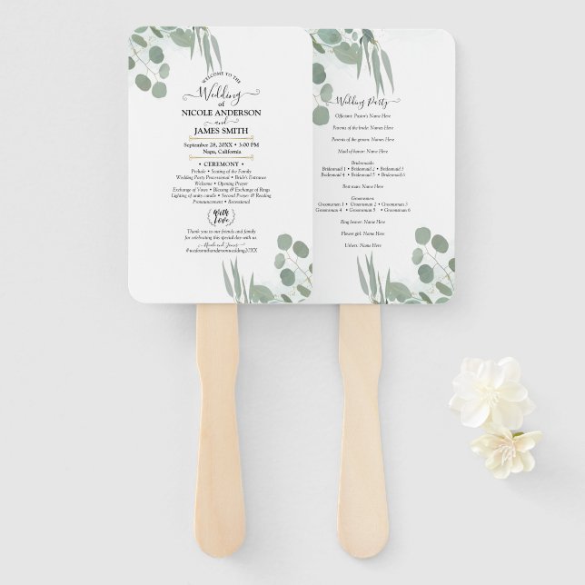 Eucalyptus Greenery Modern Chic Wedding Program  Hand Fan (Front and Back)