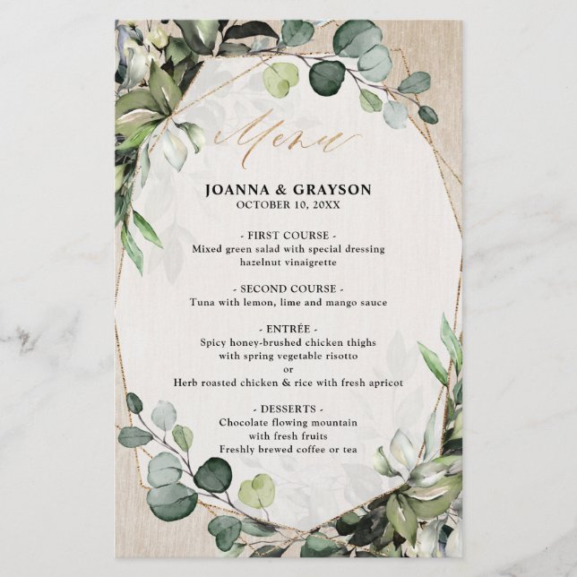 Eucalyptus Greenery Modern Geometric Wedding Menu (Front)
