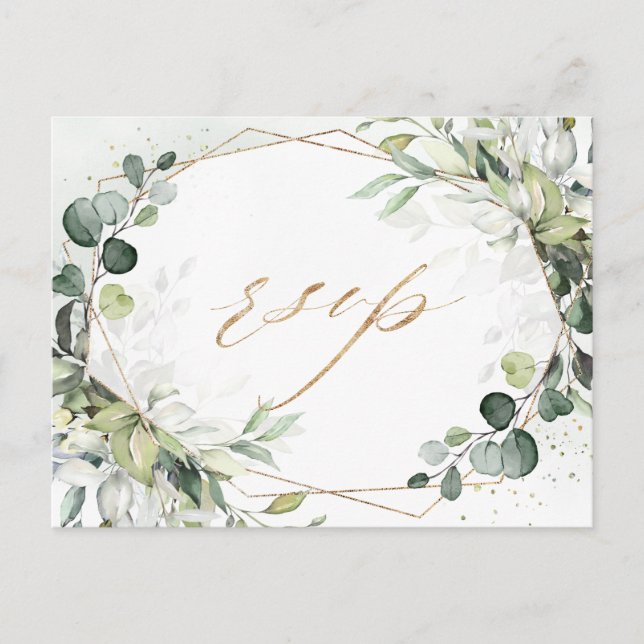 Eucalyptus Greenery Modern Geometric Wedding RSVP Postcard (Front)