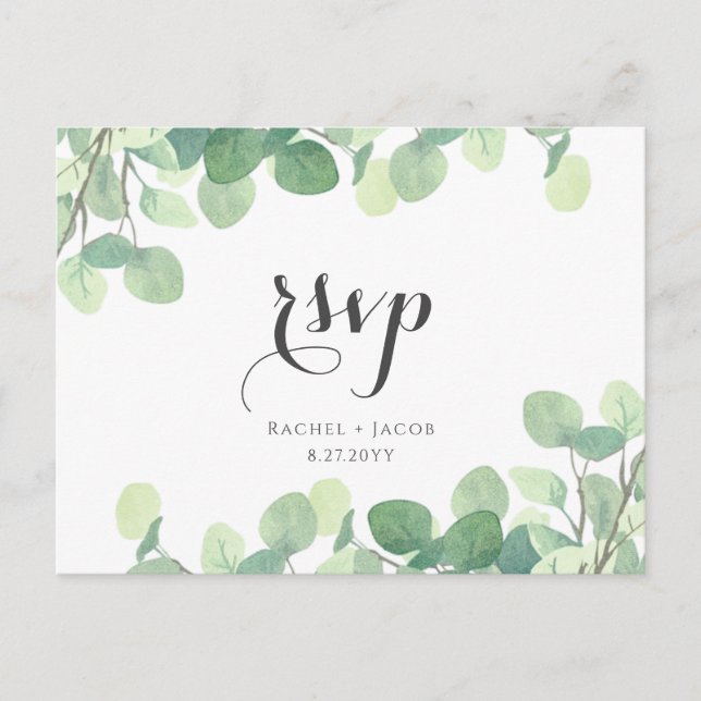 Eucalyptus Greenery Modern Script Wedding RSVP Postcard (Front)