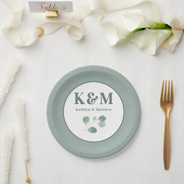 Eucalyptus Greenery Modern Wedding Monogram Paper Plate (Creator Uploaded)