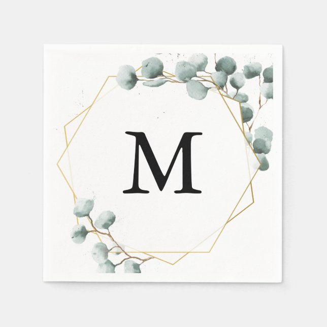 Eucalyptus Greenery Monogram Cocktail Napkin (Front)