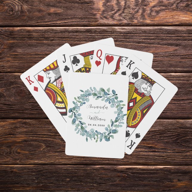 Eucalyptus greenery monogram names wedding playing cards (Creator Uploaded)