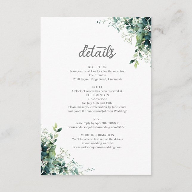 Eucalyptus Greenery Monogram Wedding Details Enclosure Card (Front)