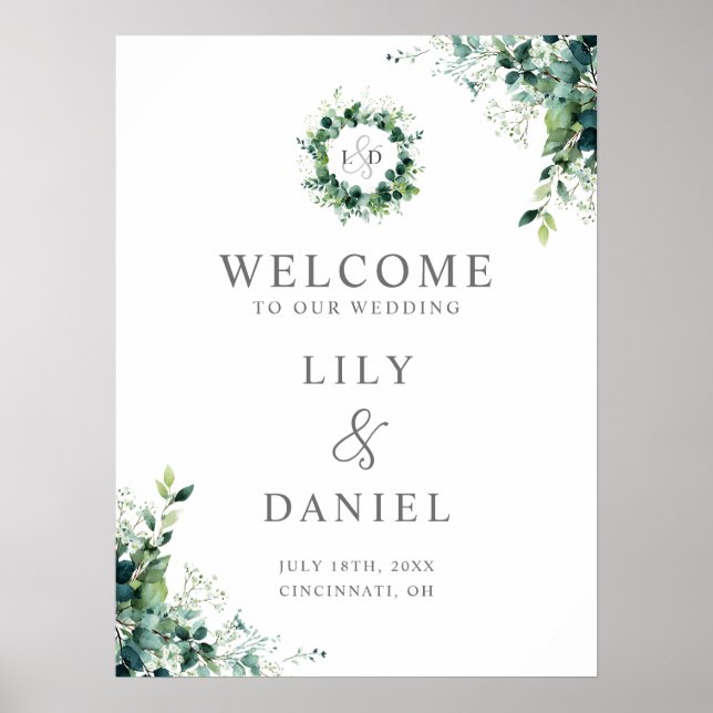 Eucalyptus Greenery Monogram Wedding Welcome Sign (Front)