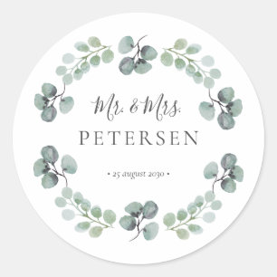Eucalyptus greenery mr and mrs name wedding  classic round sticker