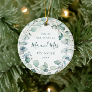 Eucalyptus Greenery Mr. and Mrs. Newlywed Photo Ceramic Ornament