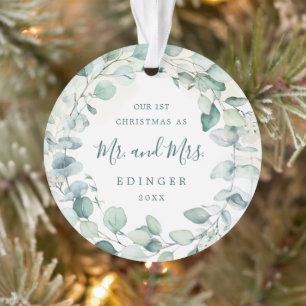 Eucalyptus Greenery Mr. and Mrs. Newlywed Photo Ornament