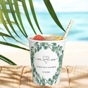 Eucalyptus greenery mr mrs heart wedding paper cups