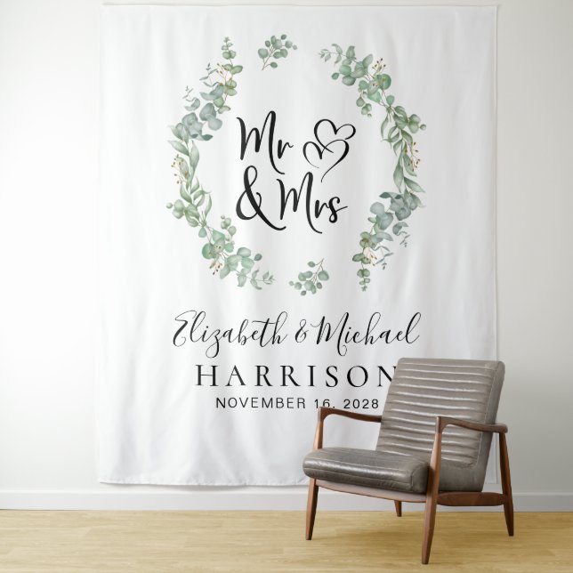 Eucalyptus Greenery Mr Mrs Wedding Photo Booth Tapestry (In Situ)