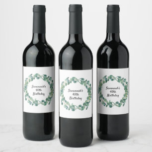 Eucalyptus greenery name elegant birthday party wine label