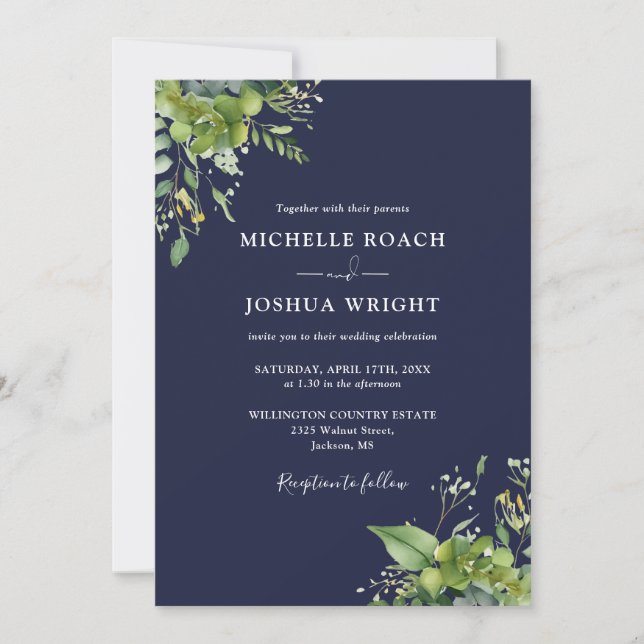 Eucalyptus Greenery Navy Blue Monogram Wedding Invitation (Front)