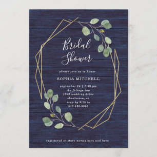 Eucalyptus Greenery   Navy Wood Geo Bridal Shower Invitation