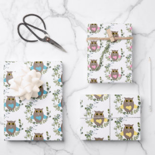 Eucalyptus Greenery Owls  Wrapping Paper Sheet