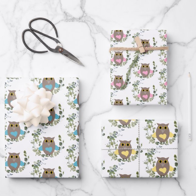 Eucalyptus Greenery Owls  Wrapping Paper Sheet (Front)