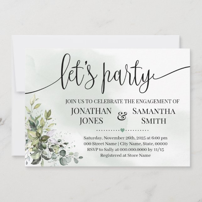 Eucalyptus greenery party lets party engagement invitation (Front)