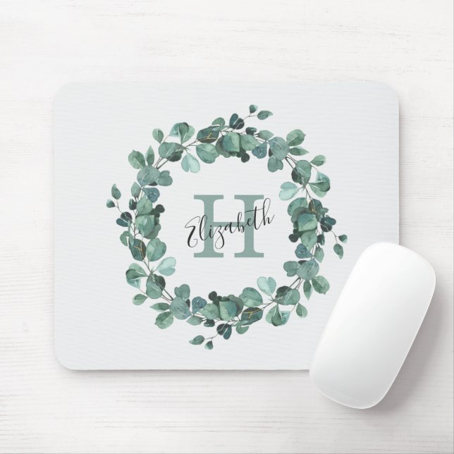 Eucalyptus Greenery Personalised Monogram Mouse Pa Mouse Pad (With Mouse)