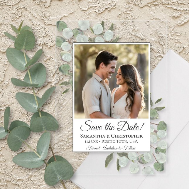 Eucalyptus & Greenery Photo Wedding Save the Date Acrylic Invitations (Clear Acrylic with Rectangle Cut)