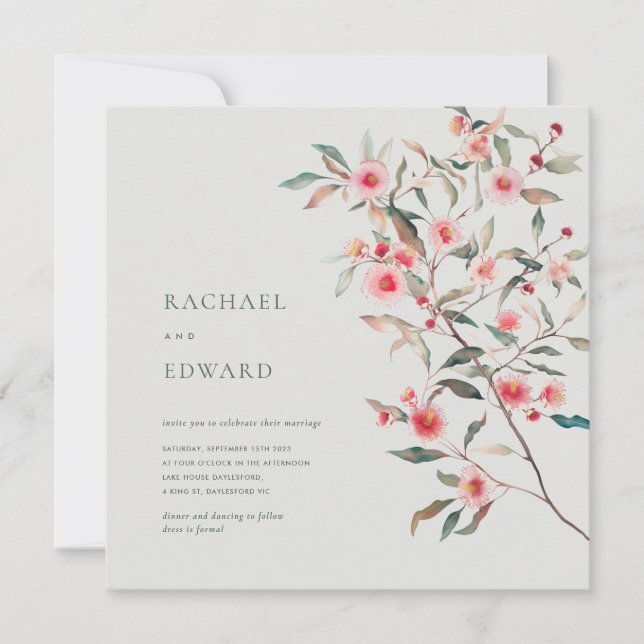 Eucalyptus Greenery & Pink Florals Wedding Invitation (Front)