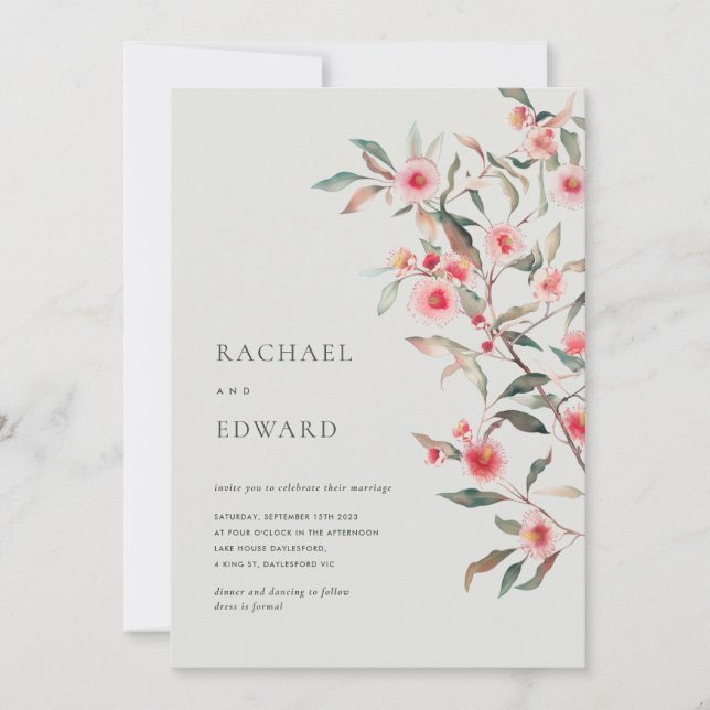 Eucalyptus Greenery & Pink Florals Wedding Invitation (Front)