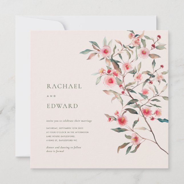 Eucalyptus Greenery & Pink Florals Wedding Invitation (Front)