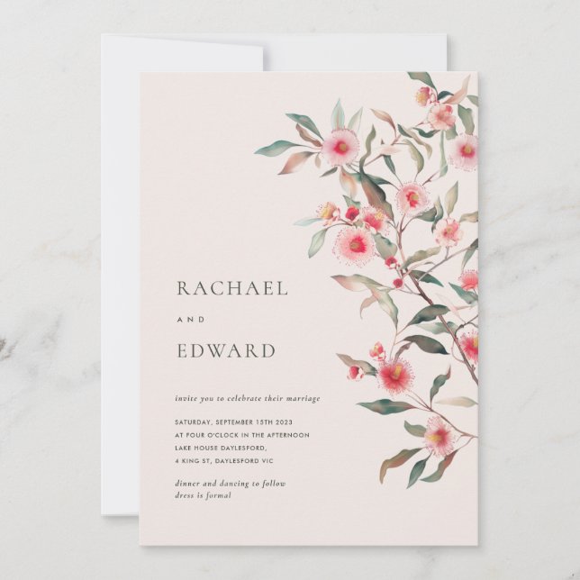 Eucalyptus Greenery & Pink Florals Wedding Invitation (Front)