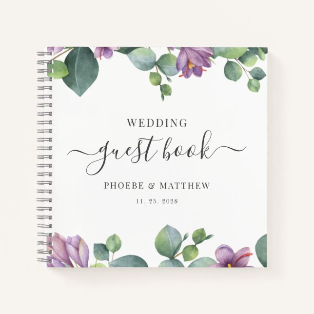 Eucalyptus Greenery Purple Wedding Guest Book (Front)