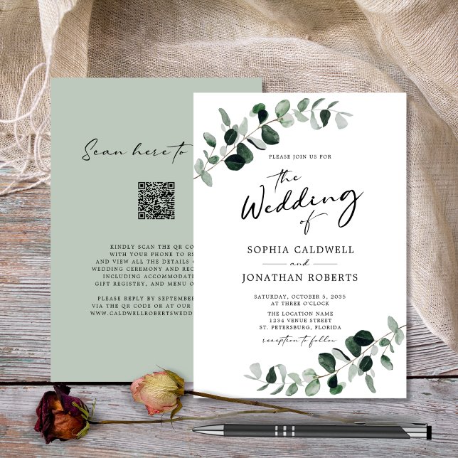 Eucalyptus Greenery QR Code Calligraphy Wedding Invitation (Wedding Invitation Eucalyptus Greenery QR Code RSVP White and Sage)