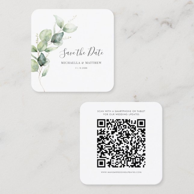 Eucalyptus Greenery QR Code Save the Date Card (Front/Back)