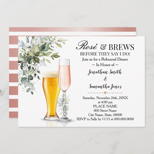 Eucalyptus Greenery Rose & Brews Rehearsal Dinner Invitation (Front/Back)