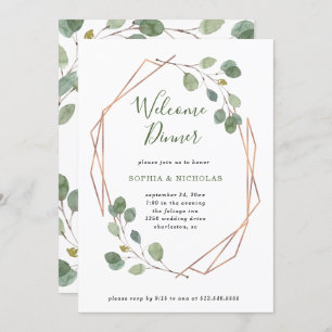 Eucalyptus Greenery   Rose Gold Geo Welcome Dinner Invitation
