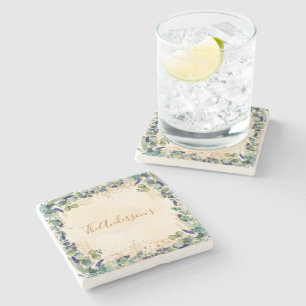 Eucalyptus greenery rose gold glitter family stone coaster