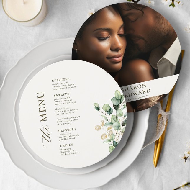 Eucalyptus Greenery Round Wedding Photo Menu Card (Creator Uploaded)