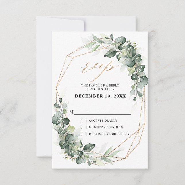 Eucalyptus Greenery Rustic Geometric Wedding RSVP Card (Front)
