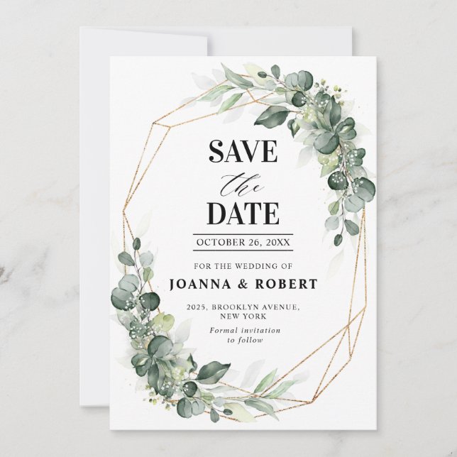Eucalyptus Greenery Rustic Geometric Wedding Save The Date (Front)