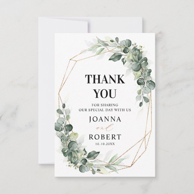 Eucalyptus Greenery Rustic Geometric Wedding Thank You Card (Front)