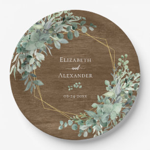 Eucalyptus Greenery Rustic Wood Geometric Wedding Paper Plate