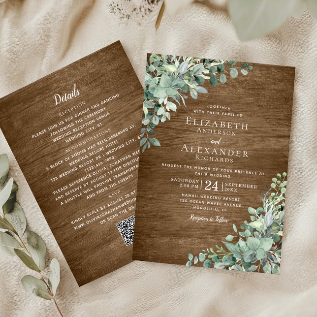 Eucalyptus Greenery Rustic Wood QR Code Wedding Invitation (Creator Uploaded)