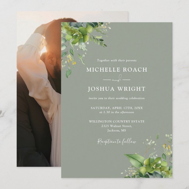 Eucalyptus Greenery Sage Green Photo Wedding Invitation (Front/Back)