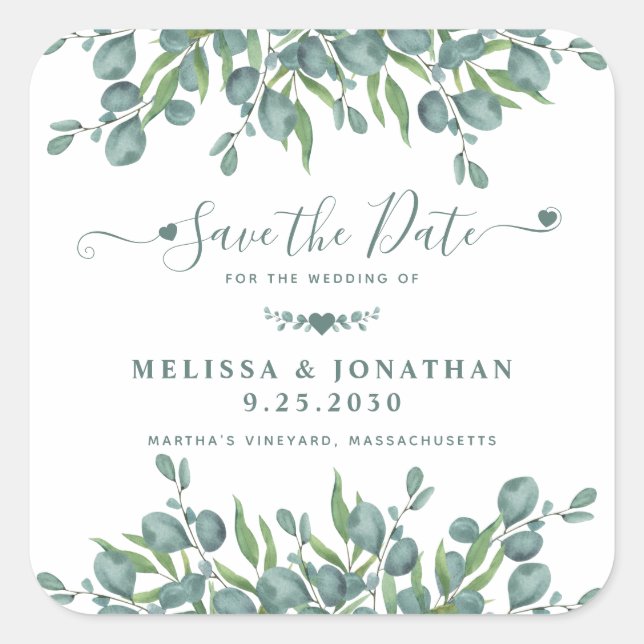 Eucalyptus Greenery Sage Wedding Save The Date Square Sticker (Front)