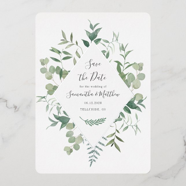 Eucalyptus Greenery Save the Date Silver (Front)