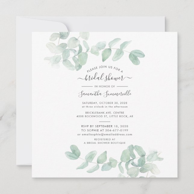 Eucalyptus Greenery Script Botanical Bridal Shower Invitation (Front)