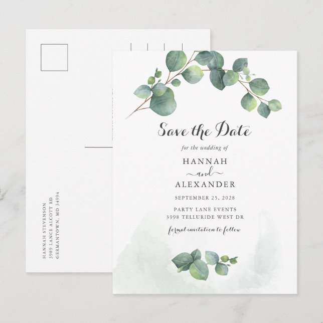 Eucalyptus Greenery Script Botanical Save The Date Announcement Postcard (Front/Back)