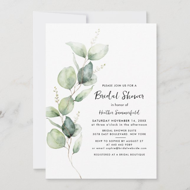 Eucalyptus Greenery Script Bridal Shower Invitation (Front)