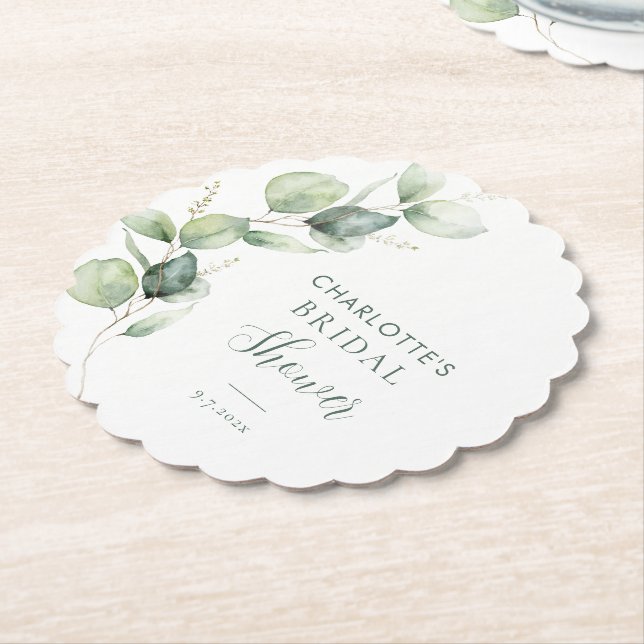 Eucalyptus Greenery Script Bridal Shower Paper Coaster (Angled)