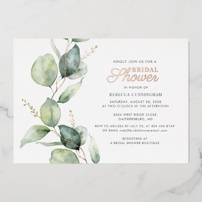 Eucalyptus Greenery Script Bridal Shower Rose Gold (Front)